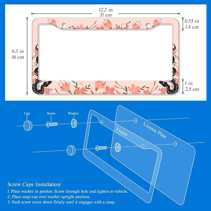 2PCS Pink & Black Snake Pattern License Plate Frames for Men Women - Universal Aluminum Stainless Steel Personalized Car Tag Covers Holder with Screws, Caps, Rattle Proof Pads and Handlebar Stickers