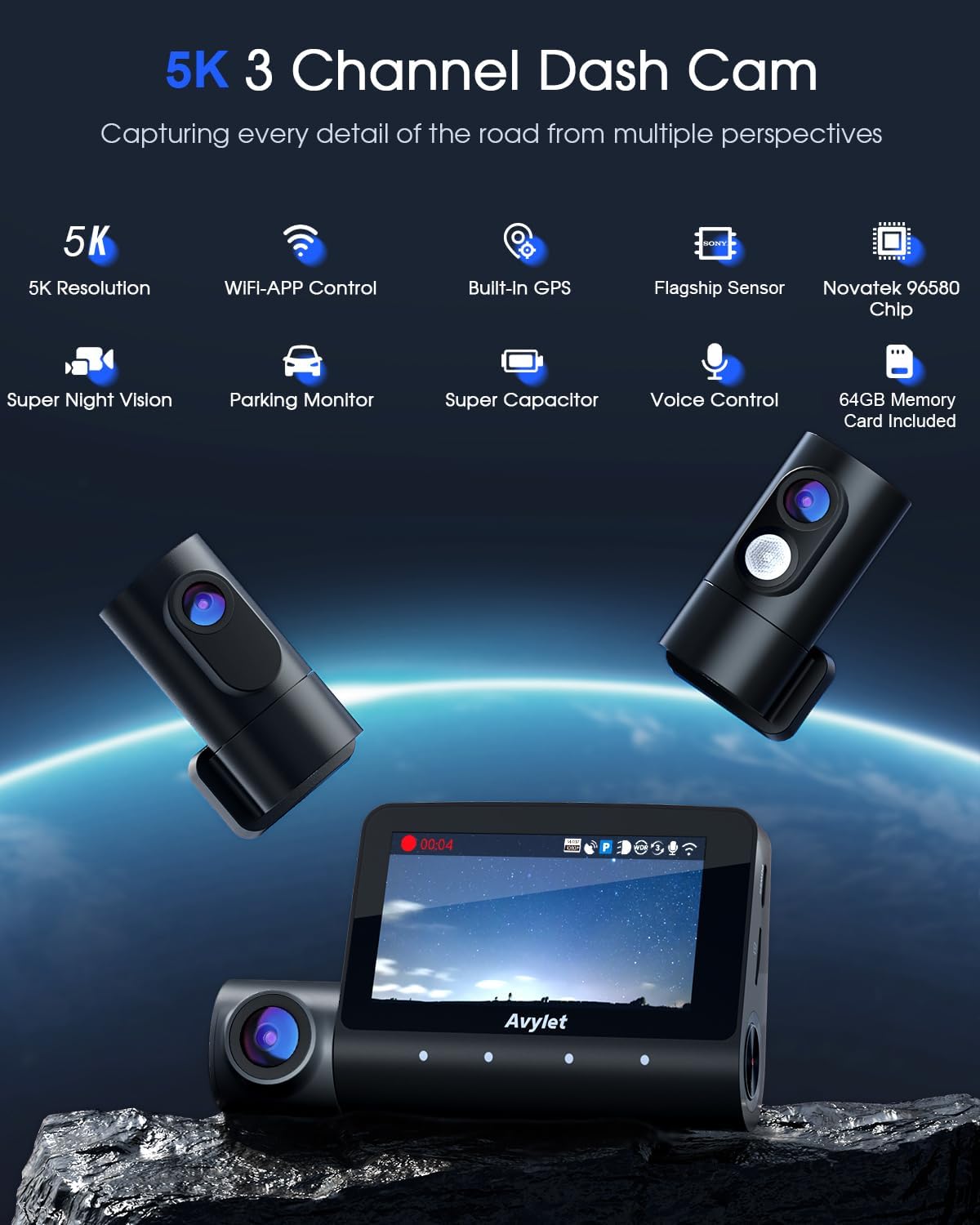 5K 3 Channel Dash Cam, Wi-Fi GPS with 64GB Card, 4K+1080P+1080P Front and Rear Inside Triple Car Camera with 3'' IPS Screen, IR Night Vision, Voice Control, 24H Parking Monitor, 512GB Max