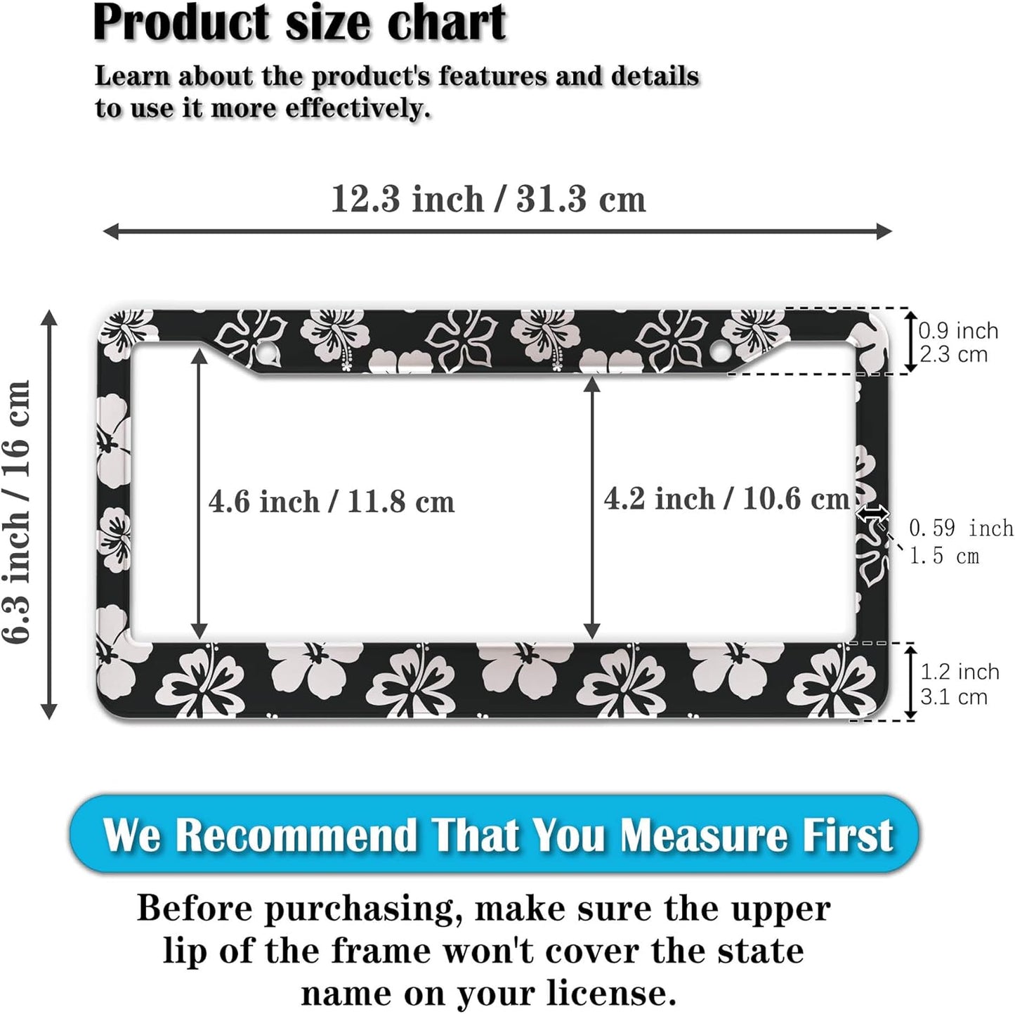 Automotive Exterior Accessories Black and White License Plate Frames Beautiful Hibiscus Flowers Universal Aluminum Car Accessory 2 Pack with Screw Covers Set