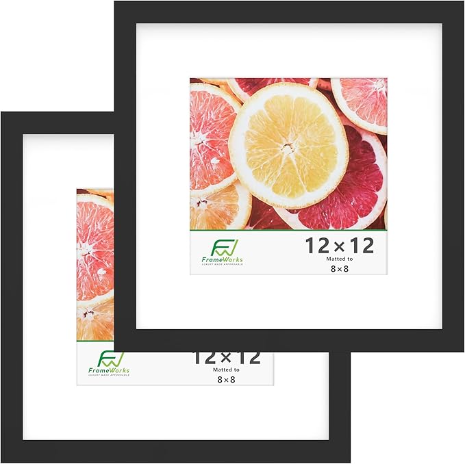 FrameWorks 2-Pack, 12x12 Matted to 8x8 Picture Frame, Black ??Classic Wooden Photo Frame with Tempered Glass, Modern Matte Finish for Prints, Posters, Certificates & Wall Decor ??Gallery-Ready
