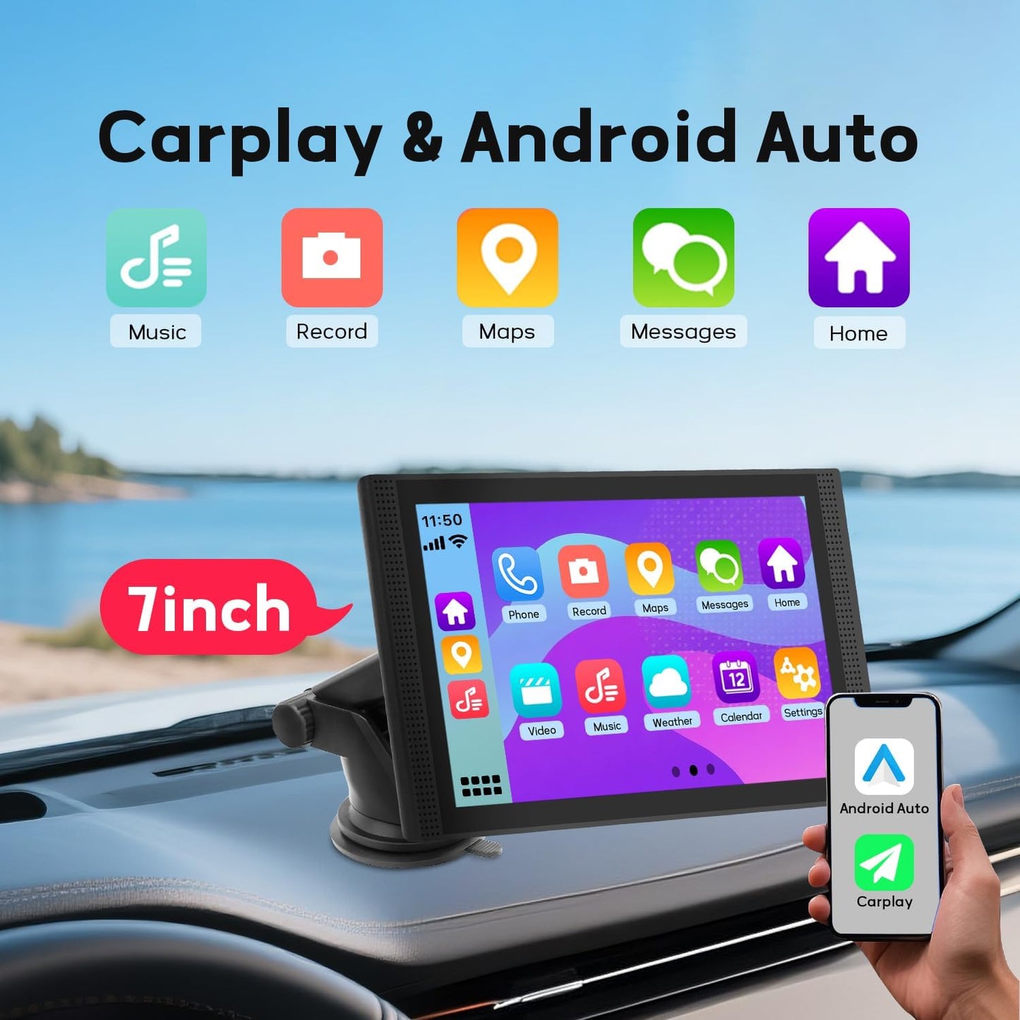 Wireless Apple Carplay Screen for Car Android Auto, 7" HD Touch Screen Car Stereo with Mirror Link, Bluetooth 5.2, Backup Camera, AUX,FM Transmitter for All Vehicle
