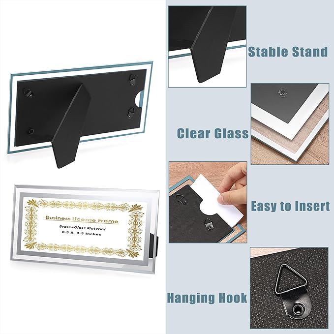 JUXYES Clear Glass Business License Frame for Wall and Tabletop - Display Picture or Retail Licenses, Transparent Certificate Holder for License Cosmetology Salon Esthetician, 3.5 x 8.5 Inches