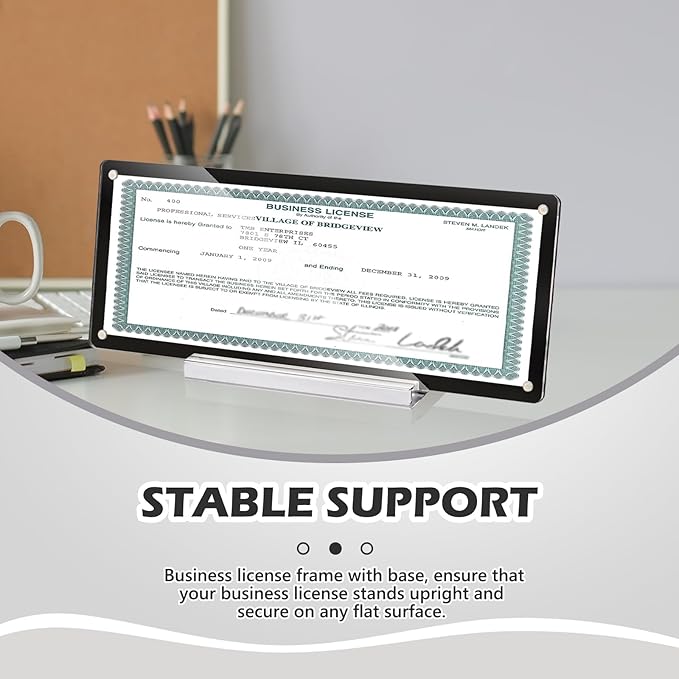 2 Pack 4x10 Business License Holder Magnetic Acrylic Business License Display Frame with Base Black Business License Certificate Frame Tabletop for Desk Office House
