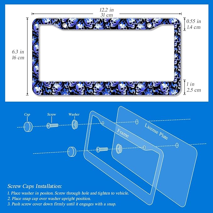 2PCS Blue Skull Fire Pattern License Plate Frames for Men Women - Universal Aluminum Stainless Steel Personalized Car Tag Covers Holder with Screws, Caps, Rattle Proof Pads and Handlebar Stickers