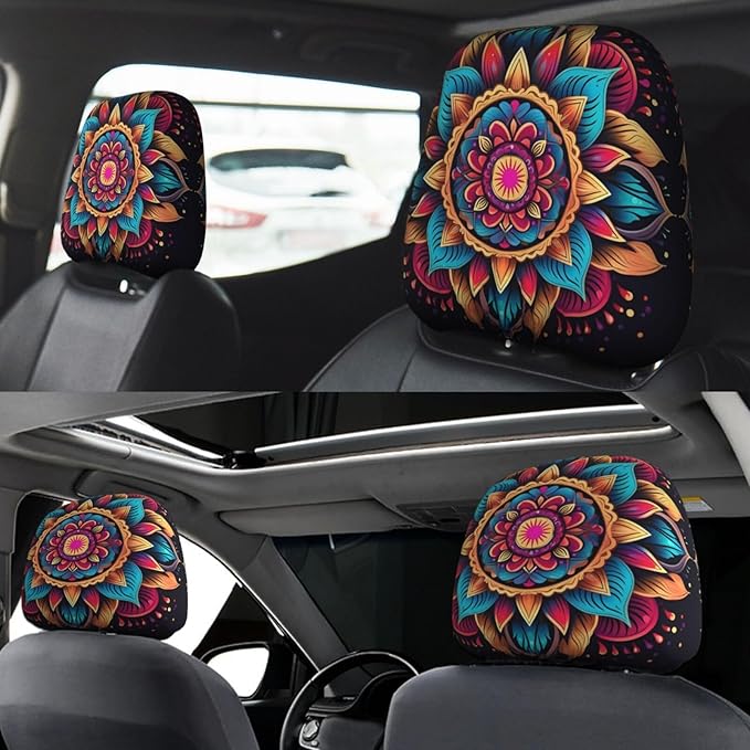 Dujiea 2 Pack Boho Mandala Turquoise Car Headrest Covers, Universal Soft Car Seat Head Rest Cover Protector, Vehicle Accessories Fabric Headrest Cover for Cars Vans Trucks