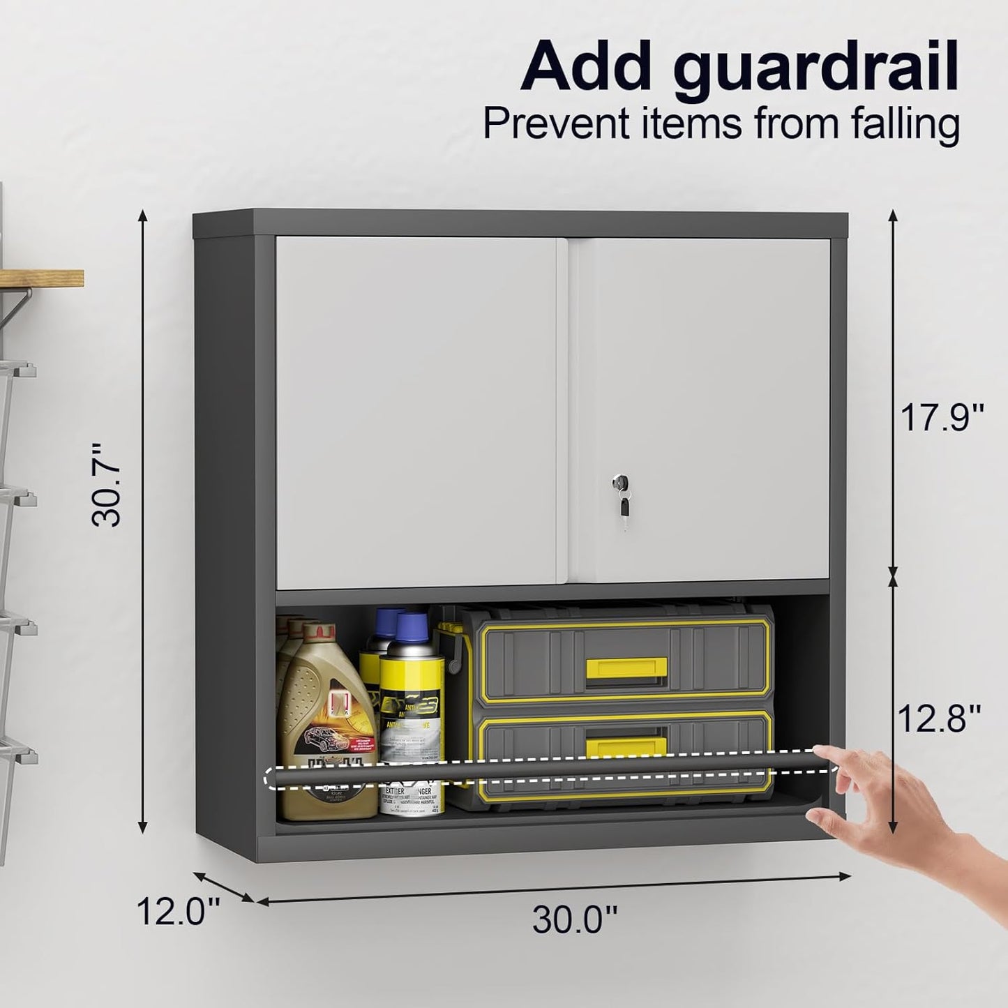 GREATMEET 31" H Metal Garage Storage Cabinets,Wall Cabinet Storage,Lockable Wall Mount Cabinet, Metal Wall Cabinet for Garage Office Utility Room, Black&Grey