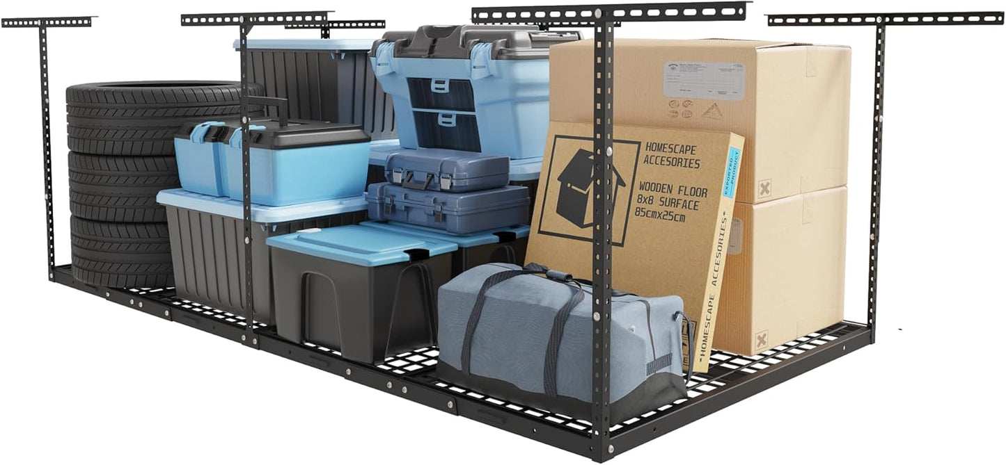 FLEXIMOUNTS 4x8 Overhead Garage Storage Rack, Adjustable Garage Storage Organization Systerm, Heavy Duty Metal Garage Ceiling Storage Racks, 600lbs Weight Capacity, Black