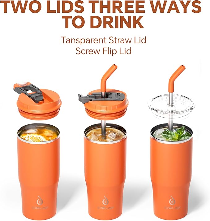 Ideus Insulated Tumbler with Lid and Straw 24 oz, Stainless Steel Double-Wall Vacuum Leak-Proof Travel Coffee Mug, Cup Holder Friendly, Orange Tiger