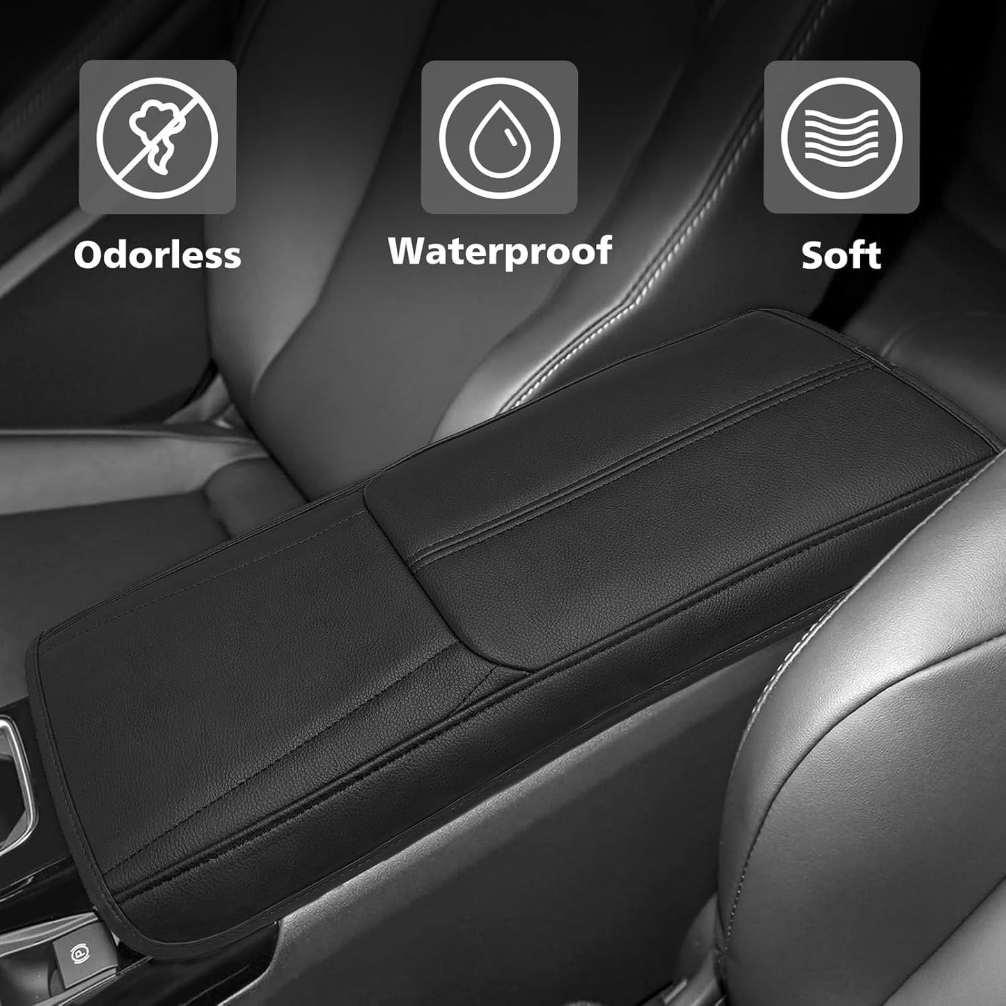 Muslogy Armrest Pad Center Console Cover Compatible with 2025 Toyota Camry LE SE XLE XSE Accessories Armrest Lid Protector Vegan Leather Extra Soft Lid Cushion (Black/Black Stitching)