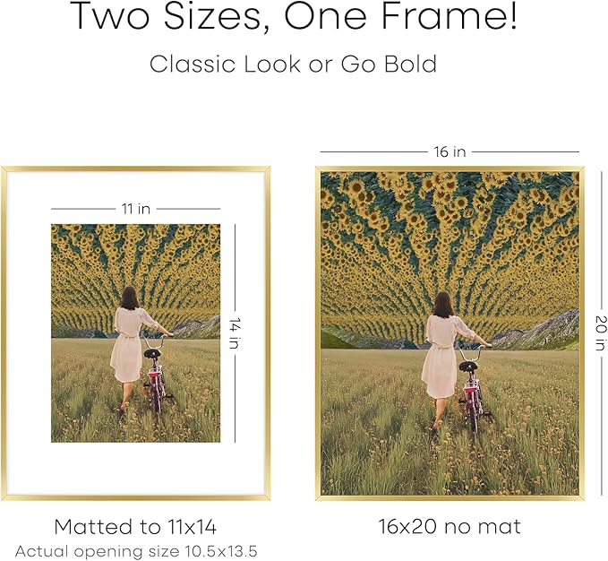 Homeforia 16 x 20 Picture Frame Gold, High End Metal 16x20 Poster Frames with Mat 11x14 Photo, 16 x 20 Gold Frame Matted to 11 by 14 Print, 20x16 Thin Hanging Frame, Tempered Glass, Wall Kit, Set of 3