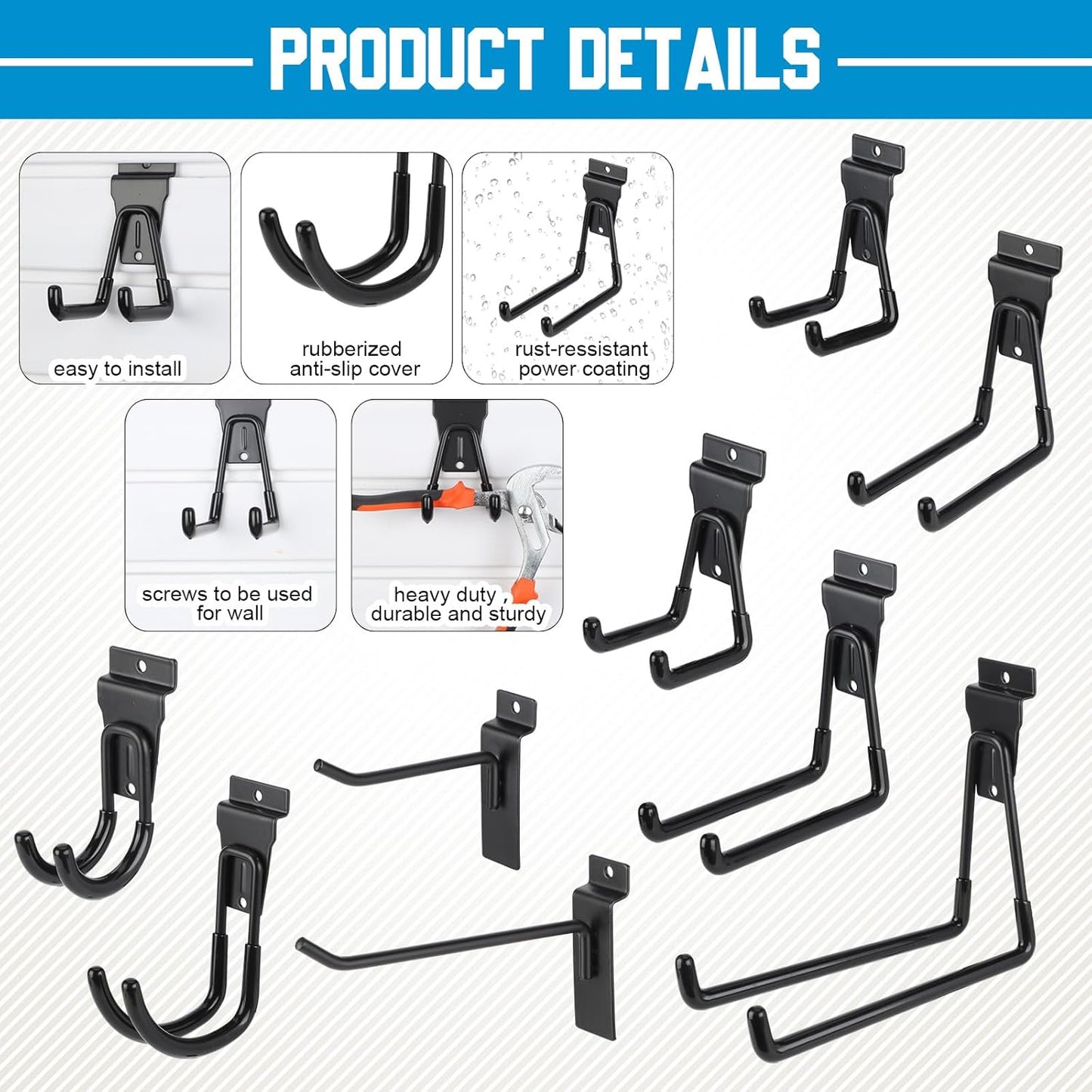 Landhoow 36 Pcs Slatwall Hooks & Hangers 32 Pcs Heavy Duty Slat Wall Hanging Hooks with 4 Pcs Storage Straps Assortment Slatwall Accessories for Storage Garage Wall Organization Garden Home (Black)