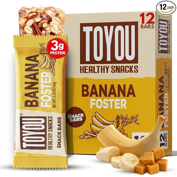 ToYou Chewy Fruit and Nut Bars - Healthy Protein Snacks | Banana Foster - 1.41 Ounce (Pack of 12) | Soft Chewy, Fiber-packed Granola Bars for Adults and Kids, Made with Natural Ingredients