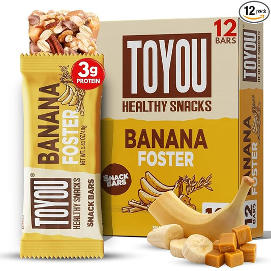 ToYou Chewy Fruit and Nut Bars - Healthy Protein Snacks | Banana Foster - 1.41 Ounce (Pack of 12) | Soft Chewy, Fiber-packed Granola Bars for Adults and Kids, Made with Natural Ingredients