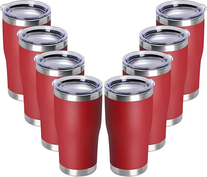 DOMICARE 20oz Tumbler with Lid Stainless Steel Tumblers Bulk, Double Wall Vacuum Insulated Coffee Travel Mug Powder Coated Tumbler,8 Count (Pack of 1) Red
