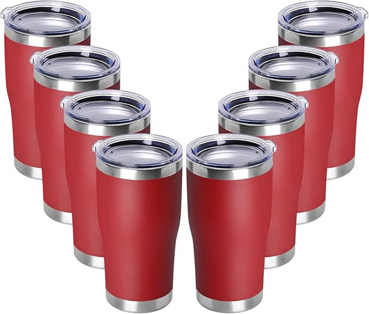 DOMICARE 20oz Tumbler with Lid Stainless Steel Tumblers Bulk, Double Wall Vacuum Insulated Coffee Travel Mug Powder Coated Tumbler,8 Count (Pack of 1) Red