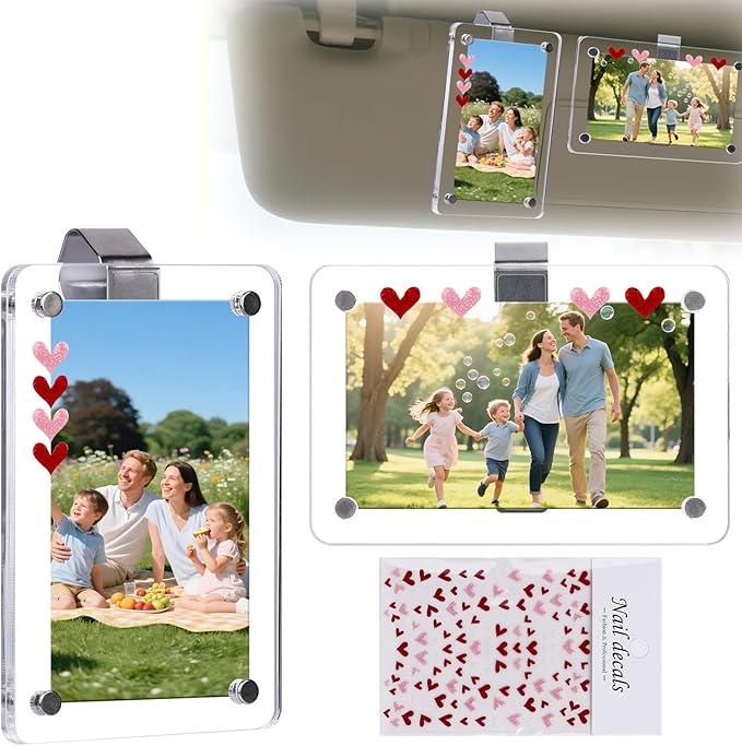 2pcs Car Photo Holder, Acrylic Magnetic Car Visor Photo Clip for 3.5" X 2.3" - with Heart Stickers Personalized Meaningful Car Accessories Gift for Mother/Dad/Kid & Anniversary Present