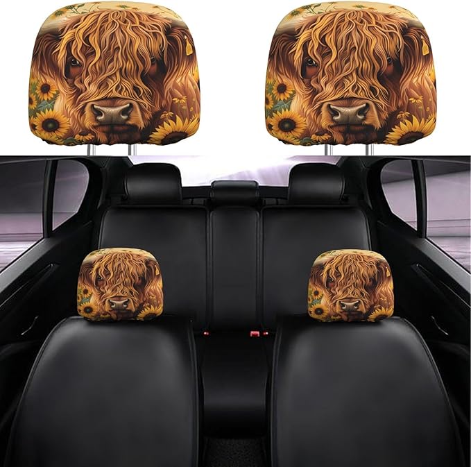 Dujiea 2 Pack Highland Cow Sunflowers Car Headrest Covers, Universal Soft Car Seat Head Rest Cover Protector, Vehicle Accessories Fabric Headrest Cover for Cars Vans Trucks