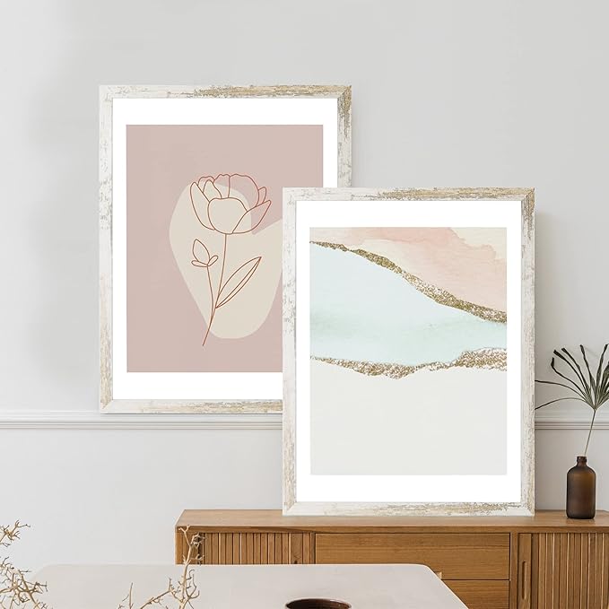 20x28 Picture Frame Set of 2, Distressed White Wood Style - Display 16x24 Picture with Mat or 20 x 28 Poster without Mat, Wall Mounting Horizontal and Vertical