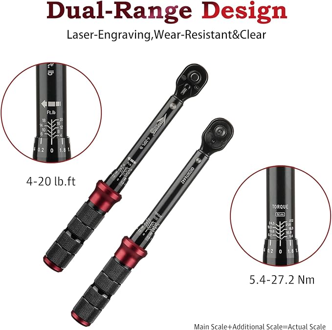 AEROFORCE 1/4-Inch Drive Click Torque Wrench (4-20 lb.ft / 5.4-27.2 Nm),72 Tooth Dual Direction Reversible Ratchet with Dual Range Scales, Precision Calibrated for Bikes & DIY