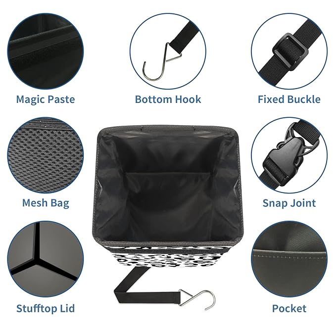 Car Trash Can Leopard Wate-rproof Auto Garbage Bag Car Trash Can with Lid Leak-Proof Car Storage Bag Hanging for Headrest Collapsible and Portable with Storage Mesh Pocket