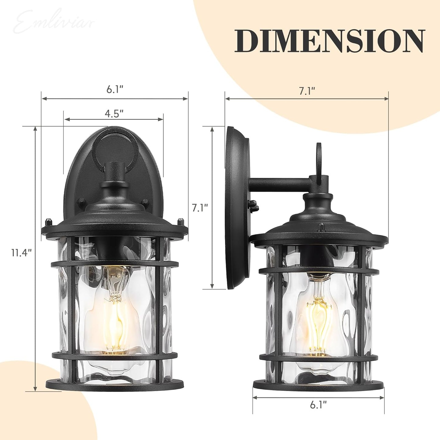 Emliviar 2 Pack Exterior Wall Sconce Light, Anti-Rust Outdoor Lanterns Wall Lamps, Farmhouse Patio Lightings with E26 Socket & Water Ripple Glass, Black Finish, XE229BS-2PK BK-WG