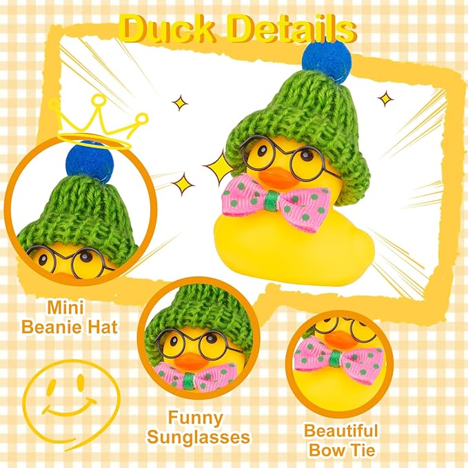 Car Rubber Duck Ornament Winter Duck Car Dashboard Decoration with Mini Beanie Hat Glasses and Scarf (E3)