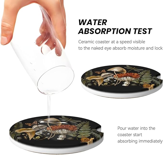 ABLESKY Car Coasters for Cup Holders, 2 Pack Absorbent Anti Slip Car Cup Holder Coasters, 2.56 Inch Ceramic Universal Size Auto Interior Accessories Women Men-Retro Mushroom