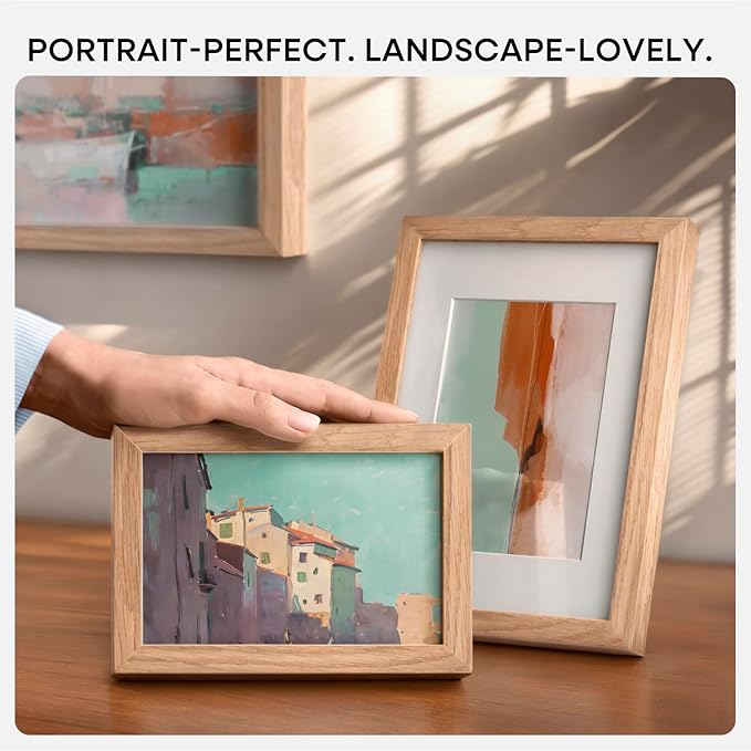 Homeforia 6x8 Picture Frame Natural Wood, High End Oak 6x8 Light Wooden Frames with Mat 5x7 for Photo, 6 x 8 Frame Matted to 5 x 7 Print, 8x6 Wall or Tabletop Frame, Tempered Glass, Wall Kit, Set of 1