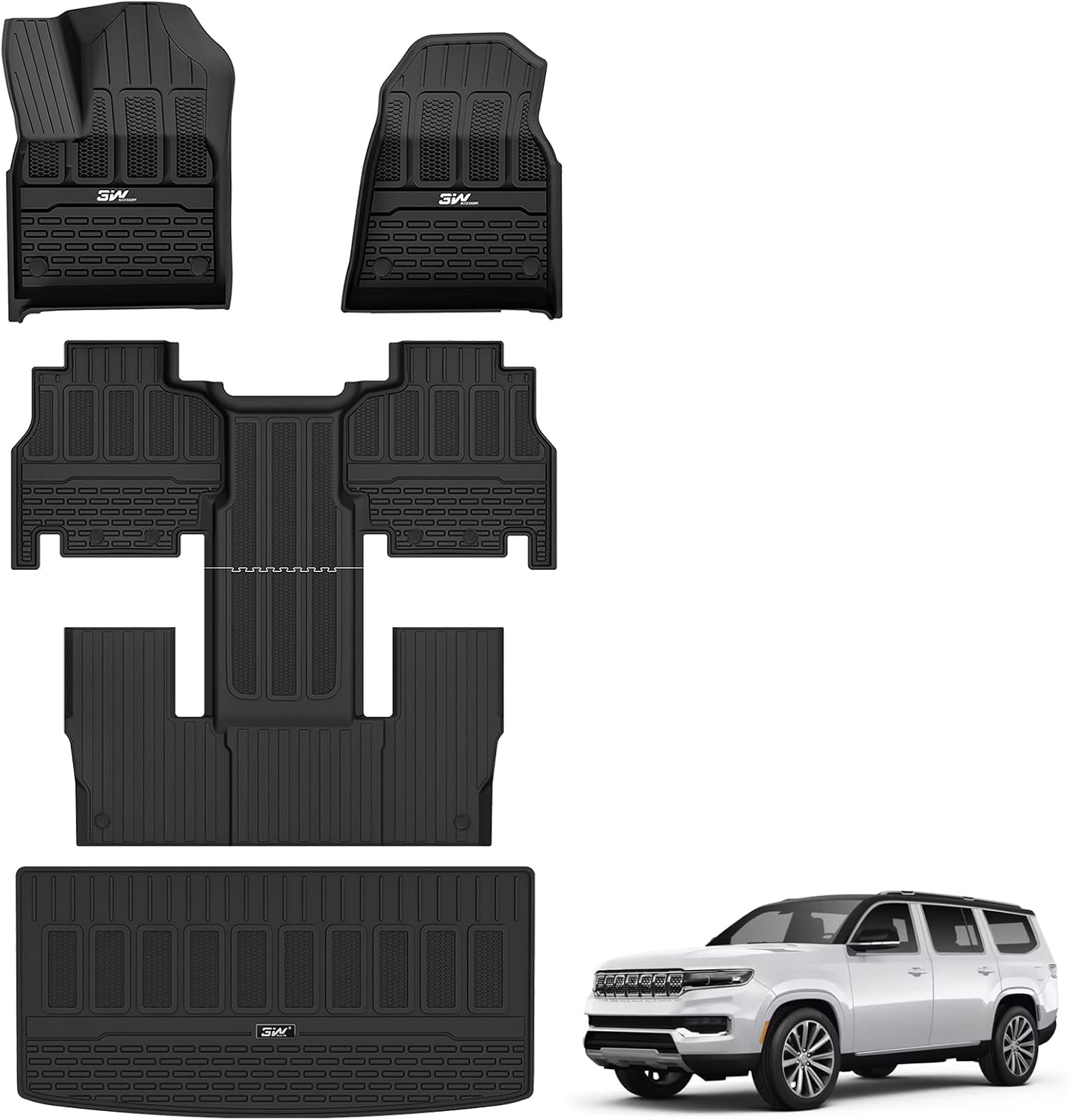 3W Floor Mats & Cargo Liner Fit for Jeep Grand Wagoneer 2022 2023 2024 2025 7 seat (Not Fit for L or 8 seat), TPE Custom Fit Wagoneer Floor Liner for 1-3 Rows and Trunk Mats Full Set Car Accessories