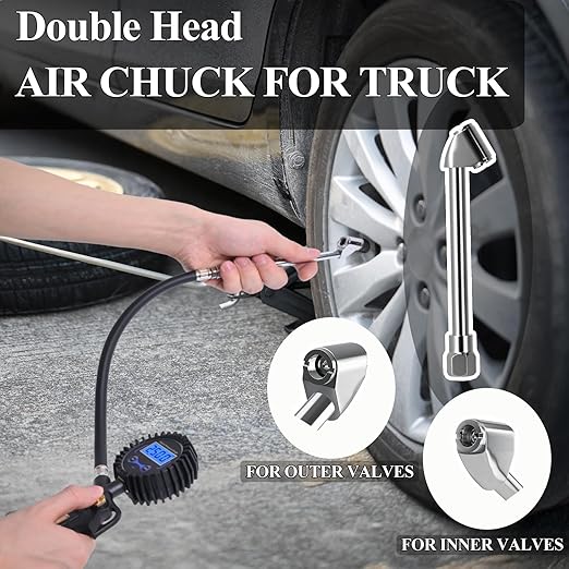 Digital Tire Pressure Gauge with Inflator, 250 PSI Heavy Duty Air Chuck Air Compressor Attachments, Improved Leaks Protection & Extended Hose Tire Gauge, 0.1 Display Resolution (Standard)