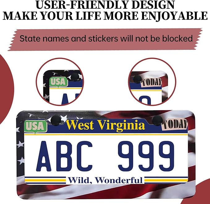 Patriotic American Flag License Plate Frame Holder - 2 Pack Universal Aluminum Matte Stripe US Flag Gloss Car Plate Frame Covers with 2 Holes and Free Screws Fasteners Caps