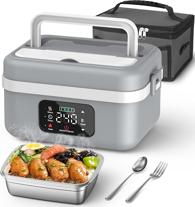 ODSD Cordless Electric Lunch Box for Adults, 16000mAh Rechargeable Self-Heating Lunch Box Food Warmer with Timer & Adjustable Heating, 34oz/1L Container with Insulated Bag for Office Car Outdoor