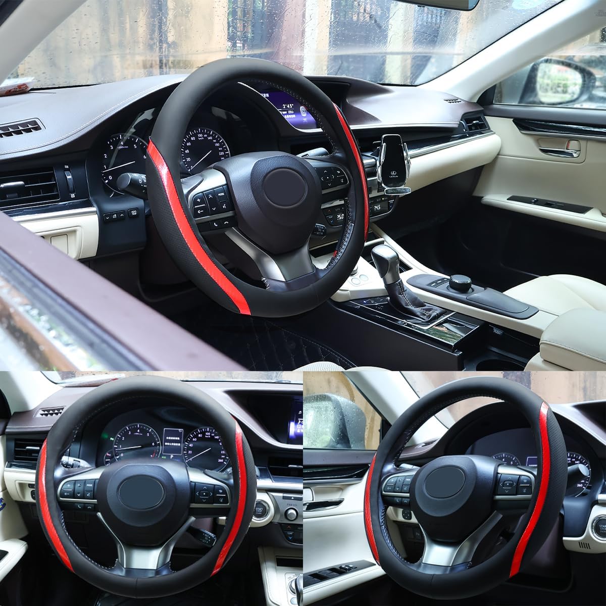 Steering Wheel Cover Black Red, Carbon Fiber Car Steering Wheel Covers with Coasters Universal 14.5-15 inch Leather Microfiber Breathable Anti-Slip Steering Wheel Accessories Set