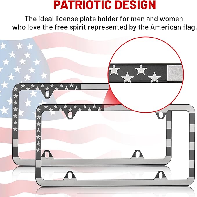 RED WOLF American USA Flag License Plate Frame Stainless Steel Holder Front Rear Auto Tag US Stars & Stripes Slim Edge for Patriotic, 4 Holes Mount W/Screw Accessories Caps 2 PCS