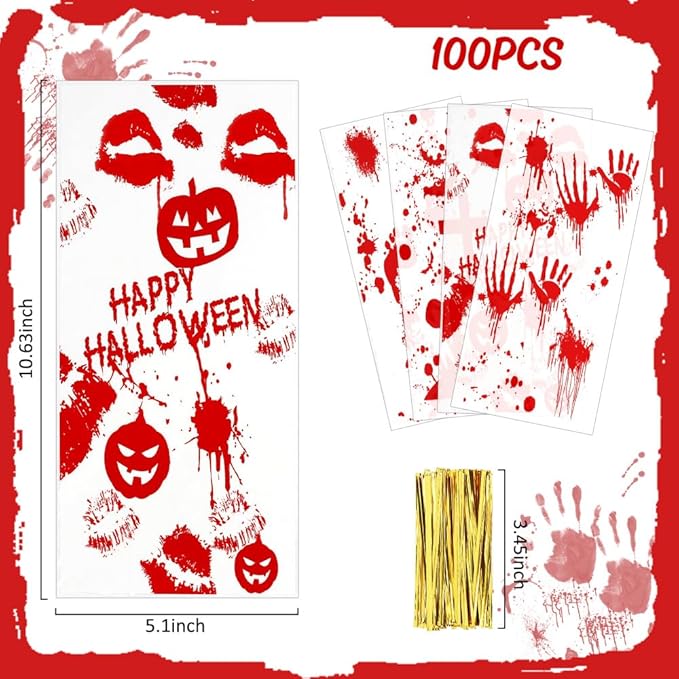 100 PCS Halloween Cellophane Bags(5.1x10.6 Inch) with Ties Horror Ghost Blood Theme Trick or Treat Bag Goodie Candy Gifts Bags Pouches for Halloween Wicked Party Favors Supplies Birthday Decorations