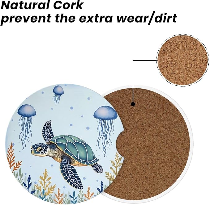 ABLESKY Car Coasters for Cup Holders, 2 Pack Absorbent Anti Slip Car Cup Holder Coasters, 2.56 Inch Ceramic Universal Size Auto Interior Accessories Women Men-Sea Turtles