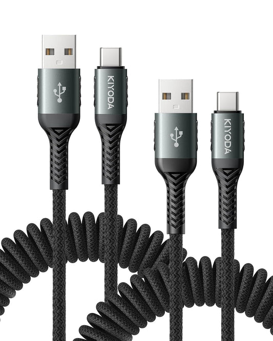 USB C Cable 3FT, 2Pack Coiled Braided USB A to Type C Charger Cable for Car 66W Fast Charging Cord Compatible with iPhone 16 15, iPad, Samsung Galaxy, Google Pixel, Moto, TCL, LG Phones and More