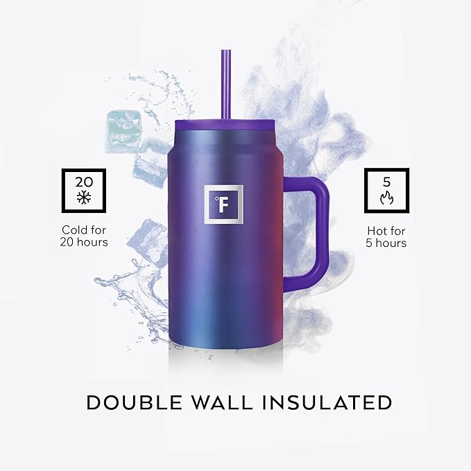 IRON °FLASK Co-Pilot Insulated Mug w/Straw & Flip Cap Lids - Cup Holder Bottle for Hot, Cold Drink - Leak-Proof - Water, Coffee Portable Travel Mug - Cobalt Blue, 50 Oz