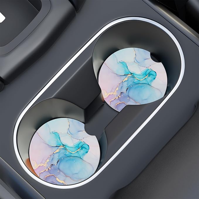 Car Cup Holder Coaster, Car Coasters for Cup Holders, 2 Pack Universal Anti Slip Insert Absorbent Ceramic Auto Interior Accessories with A Finger Notch & Cork Base, Colorful Ink Marble