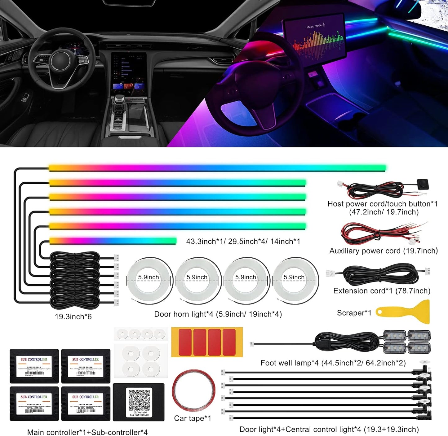 Dreamcolor Acrylic Interior Car LED Strip Light with Wireless APP, RGB 22 in 1 with 175 inches 593 LEDs Fiber Optic Ambient Lighting Kits, 16 Million Colors Sound Active Function Car Neon Lights