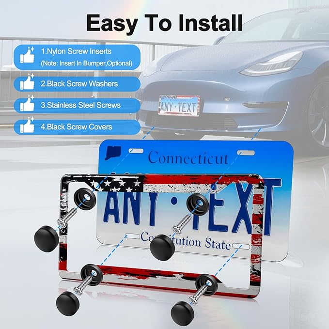 American Flag License Plate Frames Holder,Aluminum Novelty Decorative License Plate Protector with Screws for Men/Women,Car Decoration Accessories,2pcs-Blue Red American Flag