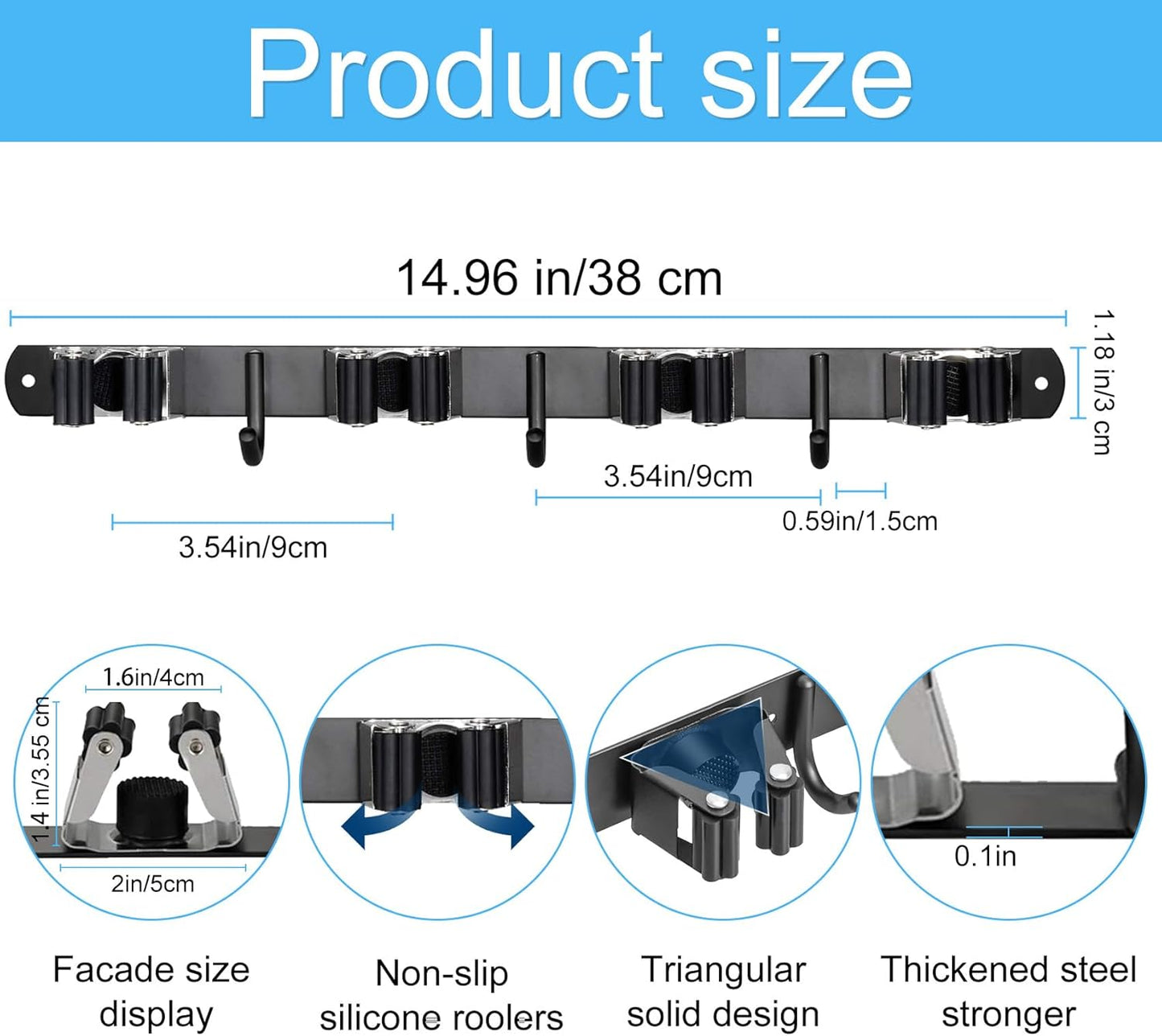 Huryfox Mop and Broom Holder Wall Mounted - Sturdy Stainless Steel Rack with Utility Hooks, 4 Racks, 3 Hooks Adjustable Design and Multiple Storage Organiser Options, Perfect for Kitchen, Laundry