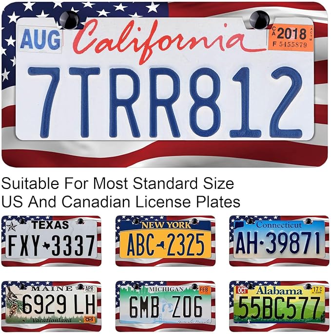 American Flag Waving in The Wind Patriotic License Plate Frames Rust-Proof Stainless Steel Screws Included Personalized Cover Women Men Decorate Car with 12.3x6.3 Inch License Plate Holder -DATANSEN