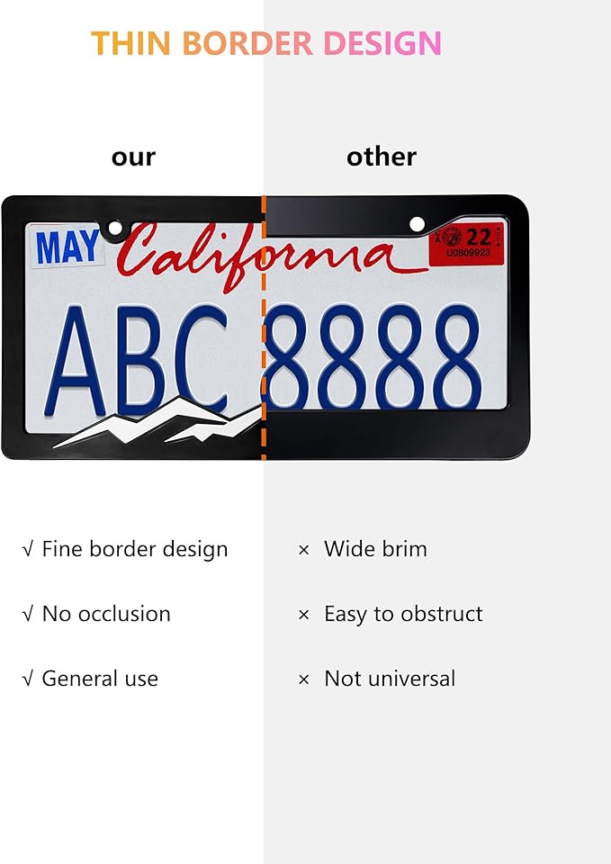 Mountain License Plate Frames - 2 Pack Plastic Car Tag Frame with 3D Mountain Design, White on Black, Included Mountain Vinyl Sticker, Screws & Caps