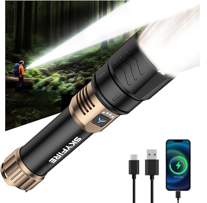 SKYFIRE 1097 Rechargeable Flashlights High Lumens,5000mAh Super Bright Flashlight Waterproof Powerful LED Tactical Flash Light for Camping Essentials Outdoor Home&Gifts