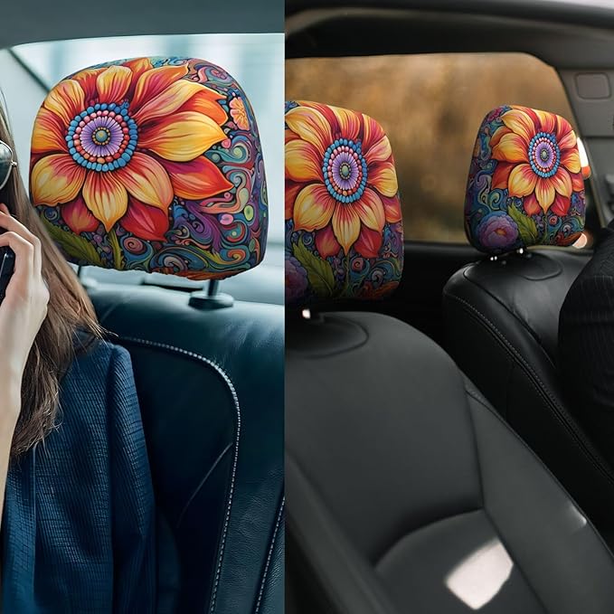 Dujiea 2 Pack Hippie Flower Car Headrest Covers, Universal Soft Car Seat Head Rest Cover Protector, Vehicle Accessories Fabric Headrest Cover for Cars Vans Trucks