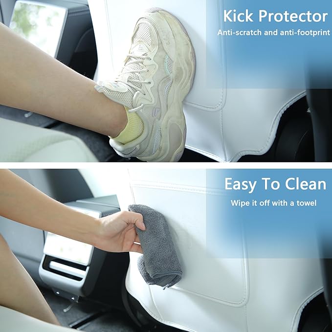 Leather Seat Back Protector for Tesla Model Y 2025 2026 Juniper & Y 3 S X Seat Cover Accessories for Kid Kick Mat（White