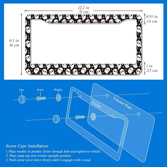 2PCS Halloween Cute Ghost Pattern License Plate Frames for Men Women - Universal Aluminum Stainless Steel Personalized Car Tag Covers Holder with Screws, Caps, Rattle Proof Pads and Handlebar Stickers