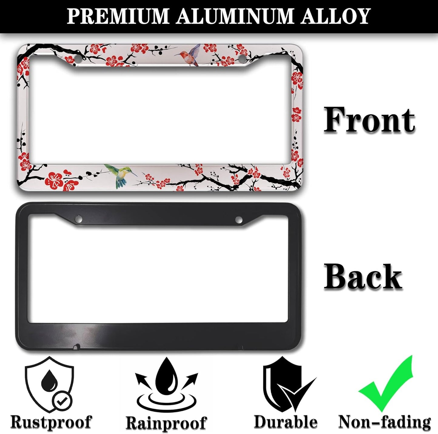 Automotive Exterior Accessories Black, White, and Red License Plate Frames Hummingbird Flowers Universal Aluminum Car Accessory 2 Pack with Screw Covers Set