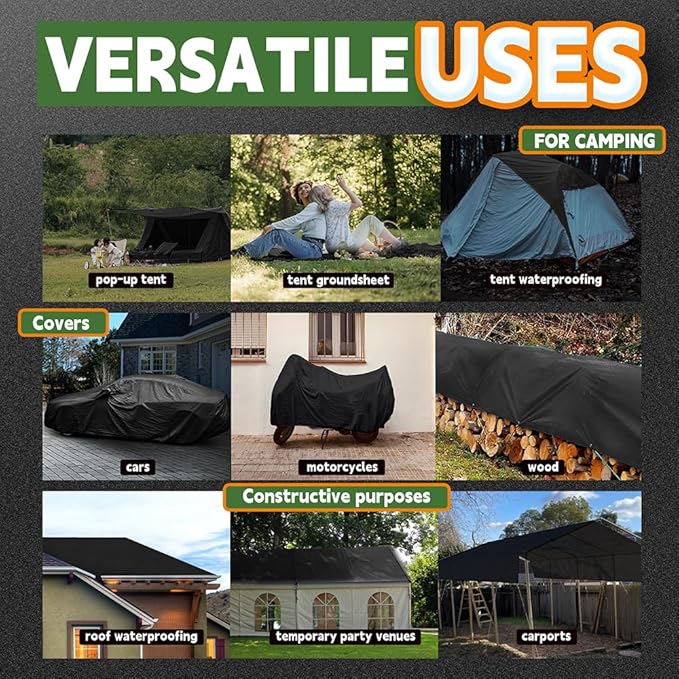 RAINDEWAY Small Black Tarp 6x6 Feet, UV Resistant, 8 Mil Multipurpose Medium Duty Waterproof Poly Tarp Cover with Metal Grommets and Reinforced Edges